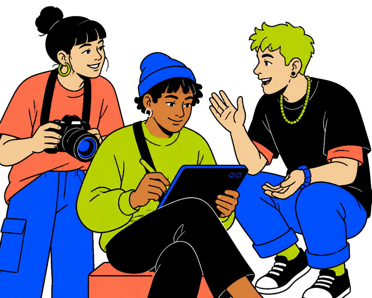 Illustration of three creators collaborating